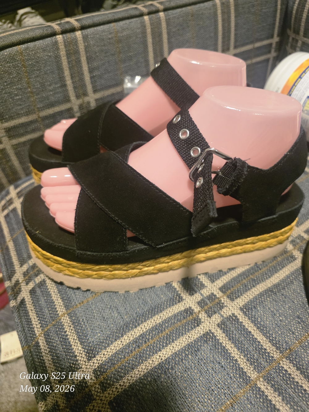 UGG Black Platform Espadrille Sandals with Yellow Trim